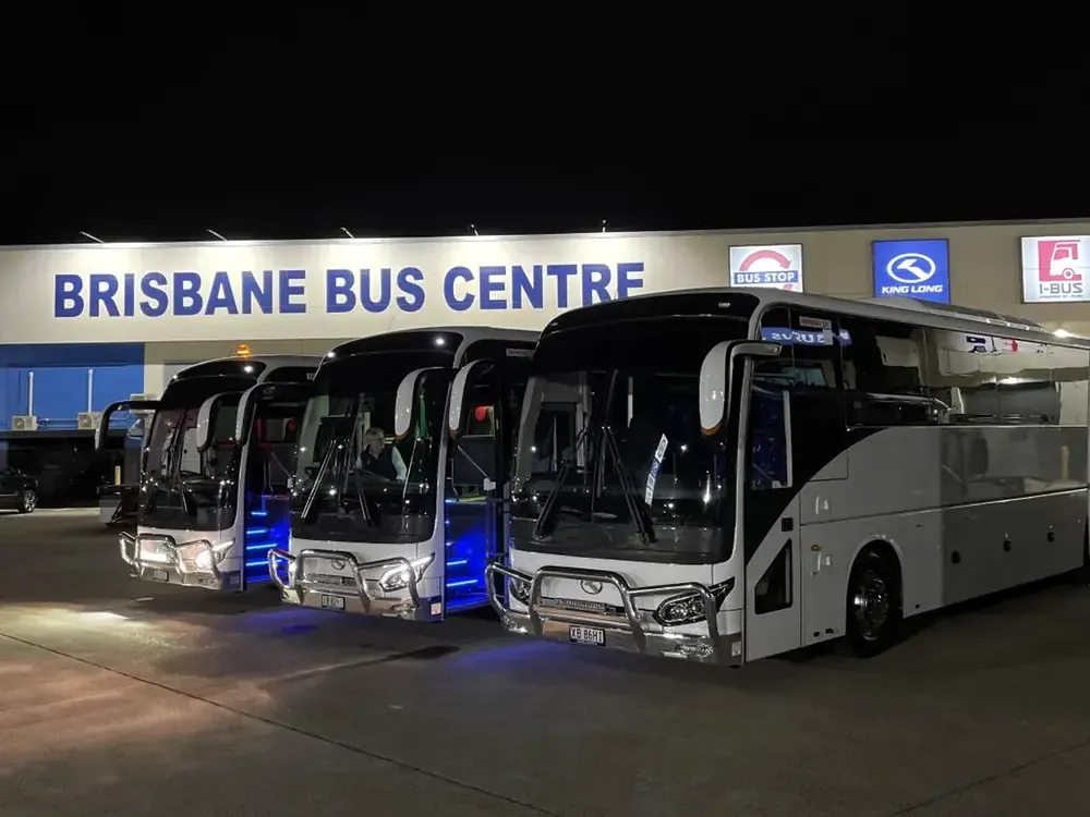 King Long coaches at Brisbane Bus Centre, after dark