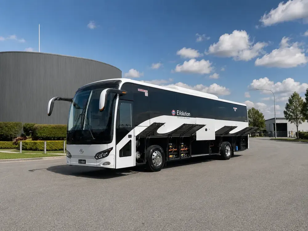 King Long EVolution — battery bays open, 100% electric