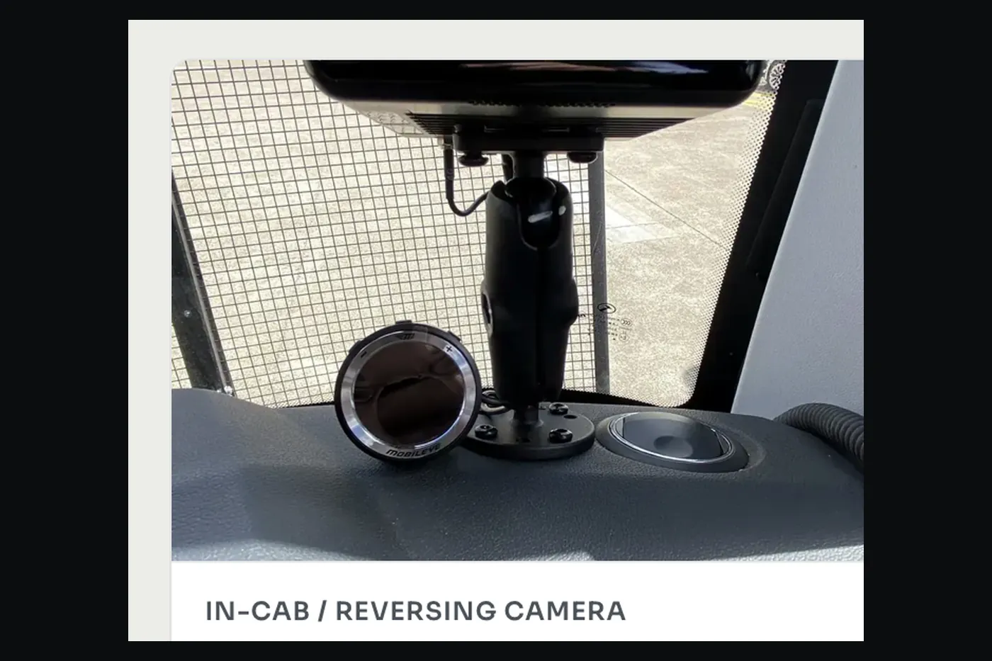 Mobileye Plus collision-avoidance camera and in-cab monitor