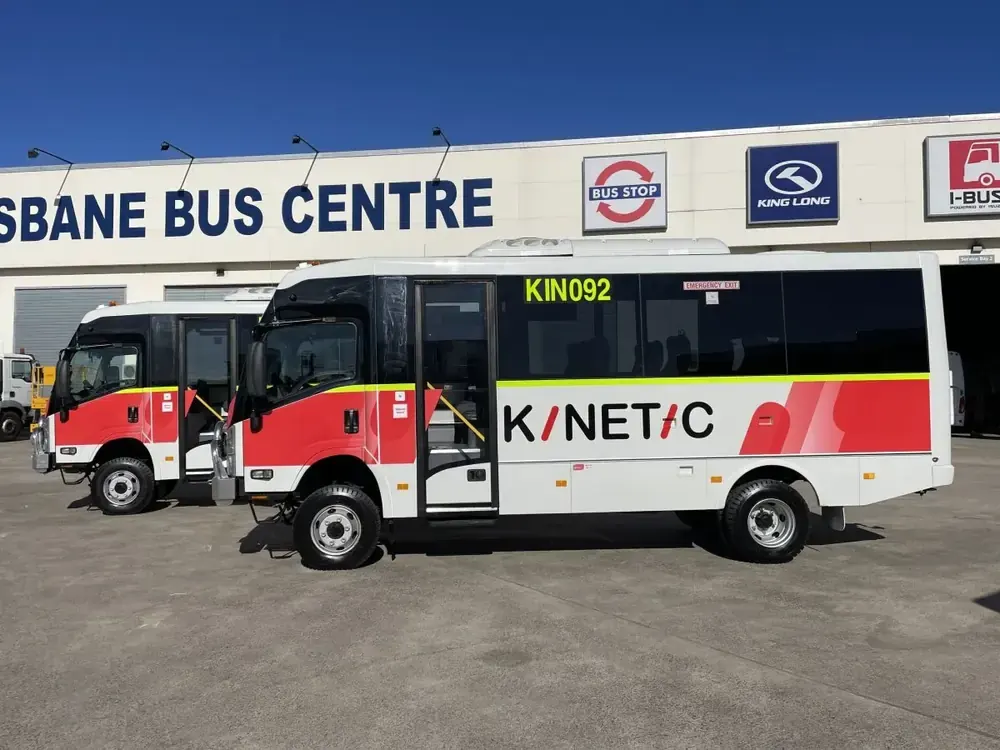 A pair of Kinetic I-Bus 4×4 crew buses ready for delivery